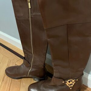 Michael Kors Chestnut Brown Leather Tall Riding Boots with Gold MK Emblem